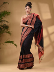 Black Cotton Handwoven Soft Saree With Paisley Border